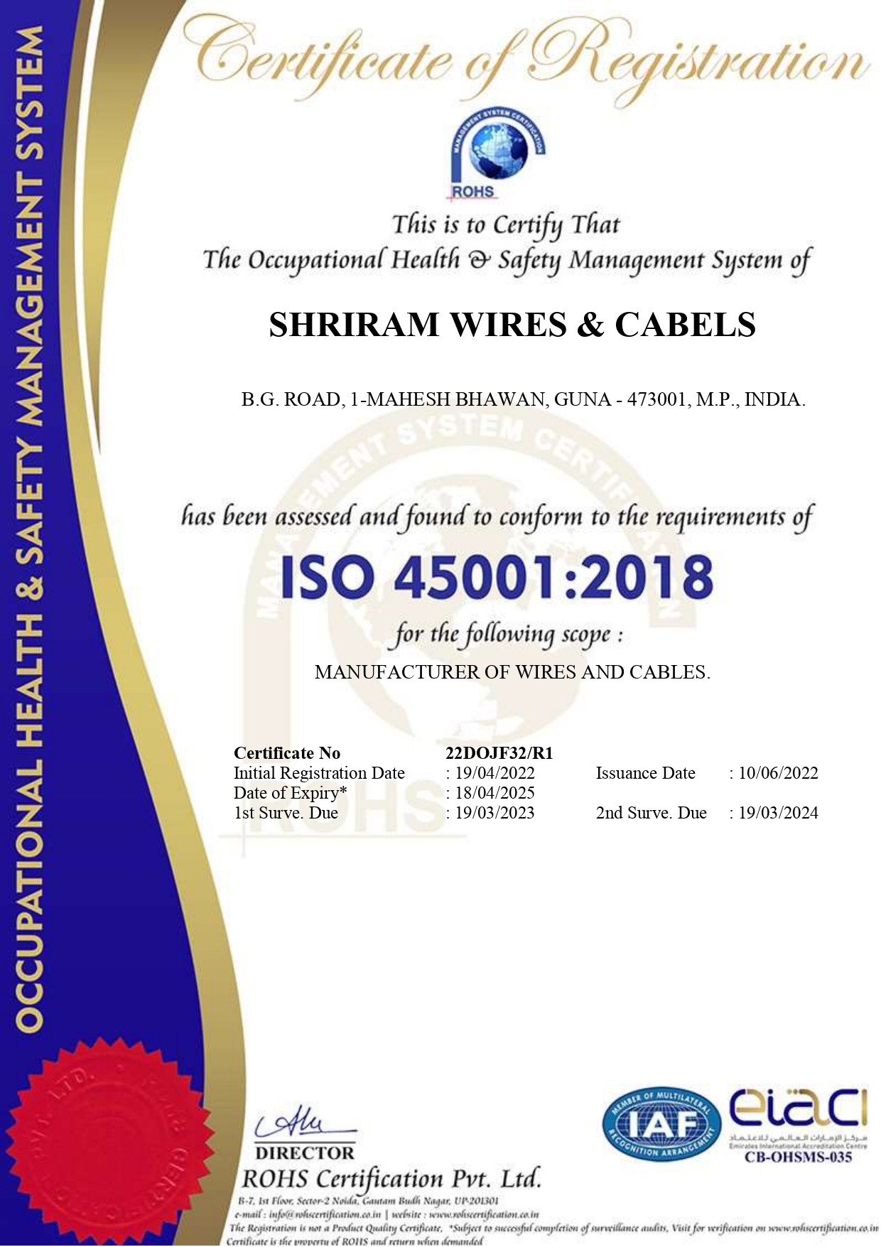 SR Kabels ISO 45001 Certificate